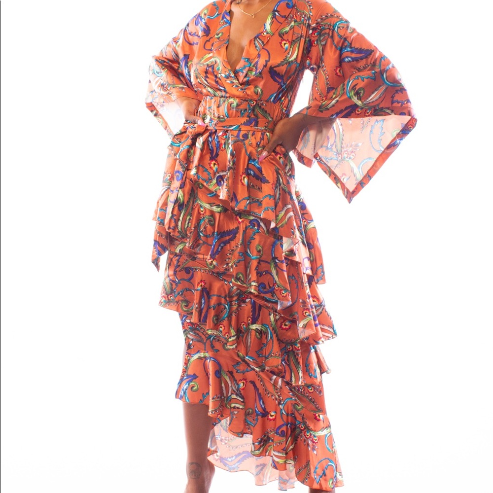 Orange Silk Kimono Ruffled Maxi Dress